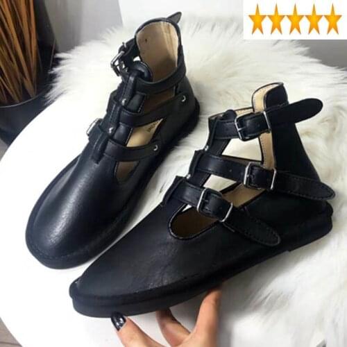 Out Summer 2021 Buckle Hollow Woman British Style Soft Split Leather Flats Shoes Vintage Rome Black High Top Sandals Mujer