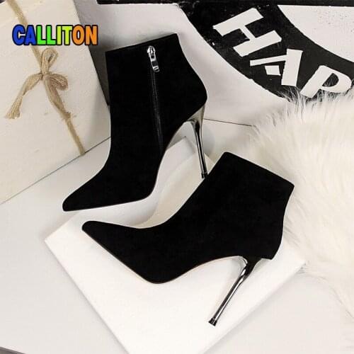 Womens Boots Shoes For Women 2021 Short Plush Ankle Slip-On Short Boots Thin Heels Pointed Toe High Heels Basic Winter Boots