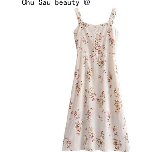 New Fashion Holiday Style Floral Printed Chiffon Summer Sling Midi Dress Women Casual Chic Sleeveless Dresses Female Vestidos