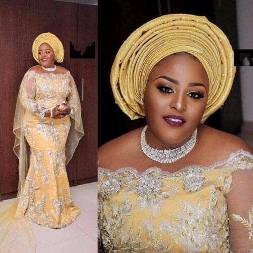 Plus Size Africa Mermaid Evening Gowns Luxury Applique Beads Yellow Long Sleeve Prom Gowns with Tulle Jacket Nigeria Party Dress