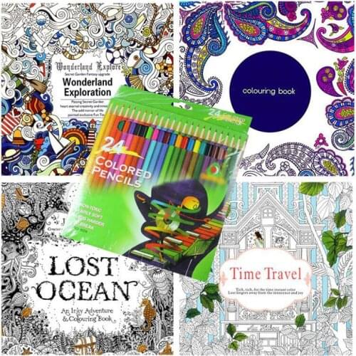 1 Set 4 Coloring Books +12/24 Colored Pencils Kit Creative Drawing Painting Coloring Book For Children Student Graffiti Books