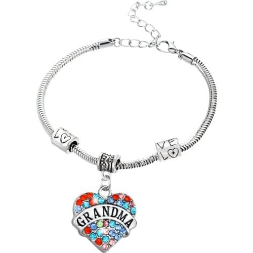 12 Pc/Lot Family Love Beads Women Grandma Charm Bracelet Multi Color Heart Rhinestone Pendant Bangle Jewelry Grandmother Gift