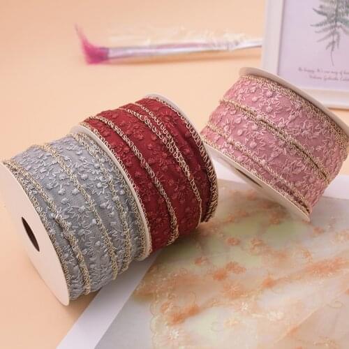 5 yards 2.5cm Embroidery Gold Edge Lace Organza Stain Ribbon for Gift Bouquet Wrapping Yarn diy Hair Accessories Bow Decoration