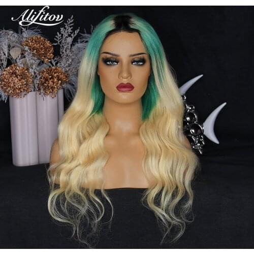 ALIFITOV Ombre Green Blonde Lace Front Wigs Body Wave Human Hair Wigs With Black Roots For Black Women
