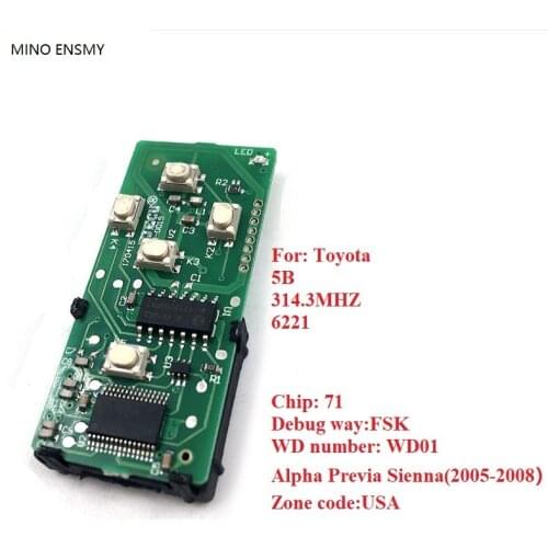 Auto smart card board 5 button 314.3MHZ FSK-71-271451-6221-USA-es55015 For Toyota Alpha Previa Sienna 2005-2008 Free shipping