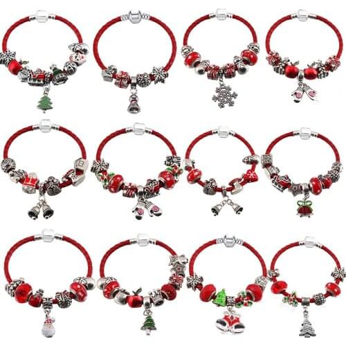 13 Types Silver Color Santa Claus Beads Bracelets With Leather Chain Charm Bracelet For Women Girls Christmas Jewelry DIY Gift