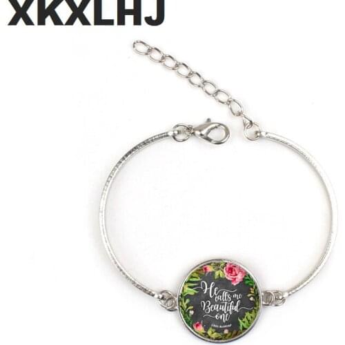 XKXLHJ He Calls Me Beautiful One Bible Verse Bracelet Glass Dome Charms Bracelets Scripture Quote Jewelry Gifts