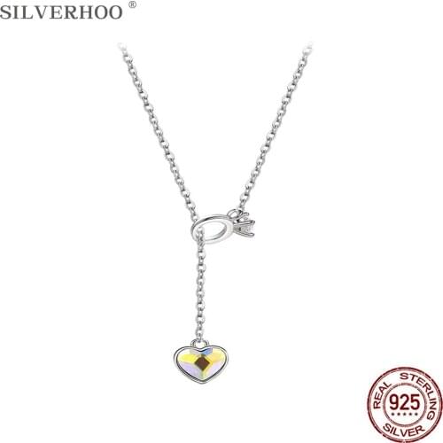 SILVERHOO 925 Sterling Silver Mini Ring And Heart Pendant Necklaces For Women Trendy Aurora Austria Crystal Necklace Jewelry