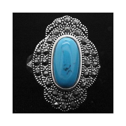 Beautiful 24*16mm Vintage Style Blue 925 Sterling Silver Marcasite Ring Size 6/7/8/9