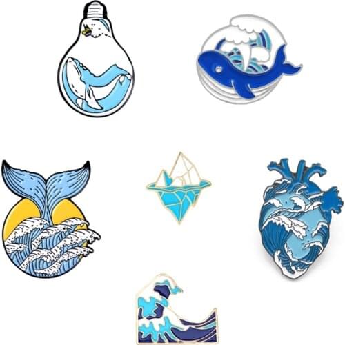 Creative Blue Sea Waves Waves Animals Whale Sharks Enamel Brooch Alloy Badge Denim Clothes Bags Pins Cartoon Jewelry Gifts