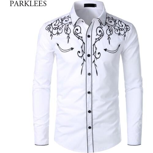 Mens Western Cowboy Shirt Stylish Embroidered Slim Fit Long Sleeve Party Shirts Men Brand Design Banquet Button Down Shirt Male
