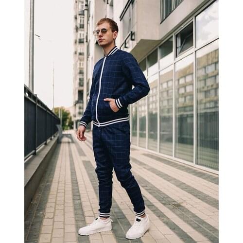 2021 New Mens Fashion Casual Striped Plaid Sports Suit Men Two-Piece Set Zip Jacket + Pants Mens Jogging Sports Clothing