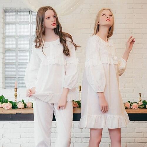 Nightdress Ladies Autumn Winter 100% Cotton Lady Princess Lovely Sleepwear Ladies White Lounge Intimate Lingerie Casual Homewear