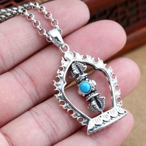 Factory Wholesale S925 Sterling Silver Jewelry Vintage Thai Silver Men And Women Lotus Rotating Diamond Necklace Pendant