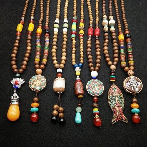 85cm Nepal Buddhist Mala Resin Wood Fish Beads Necklaces Natural Stone Pendant Necklace For Women Men