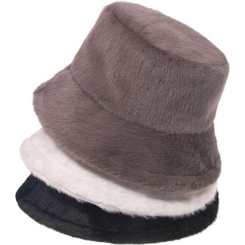 Bucket hat mink fur thick winter small brim flat fisherman hat men and women solid color warm thick basin hat панама
