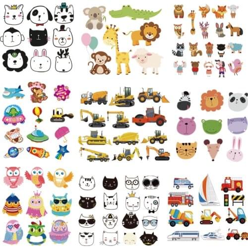 DIY Heat Transfer Patches Cute Animals Cars Iron On Patches For Clothing Kid T-shirt Dress Decoration Heat Press Clothes Sticker