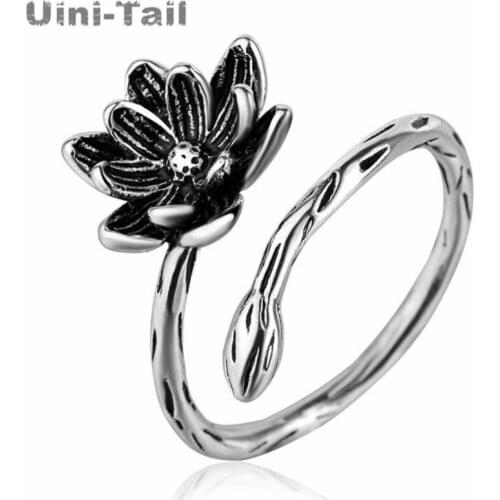 Uini-Tail new design hot sale 925 Thai silver retro lotus opening ring ethnic style simple temperament trend flower ring ED944