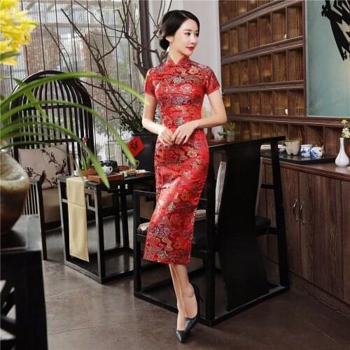 Shanghai Story Vintage Elegant Long Chinese Dress Faux Silk Cheongsam Long Qipao Chinese Traditional Dress for Women
