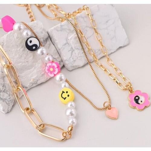 Vintage Multi-layer Imitation Pearl Smiley Thick Chain Necklace For Women Enamel Heart Flower Yin Yang Necklaces Fashion Jewelry