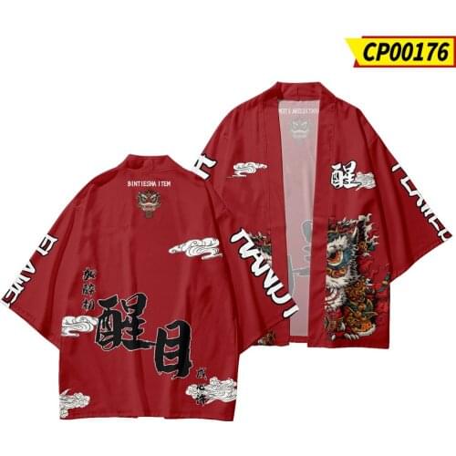 Japanese Kimono Men Cardigan Red Shirt Yukata Men Haori Obi Samurai Clothing Male Kimono Cardigan