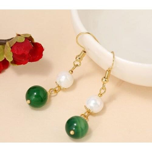 Natural Stone Women Earrings Vintage Green Agate Dangle Pearl Earring Luxury Metal Copper Earrings Jewelry Gift for Women