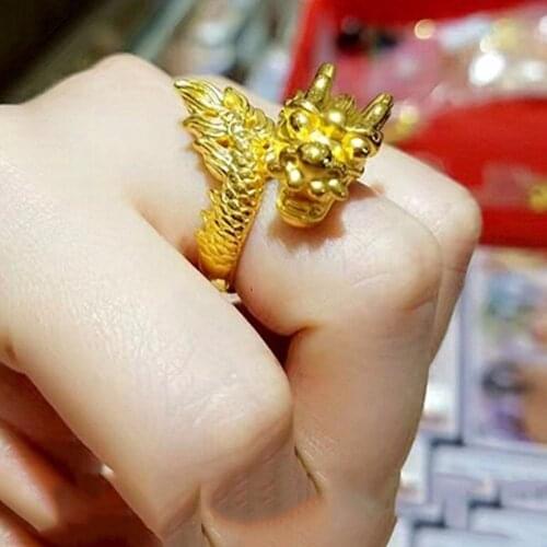Hot sale Real 24k Yellow Gold Fashion Ring Gents Lucky Noble Dragon Head Ring