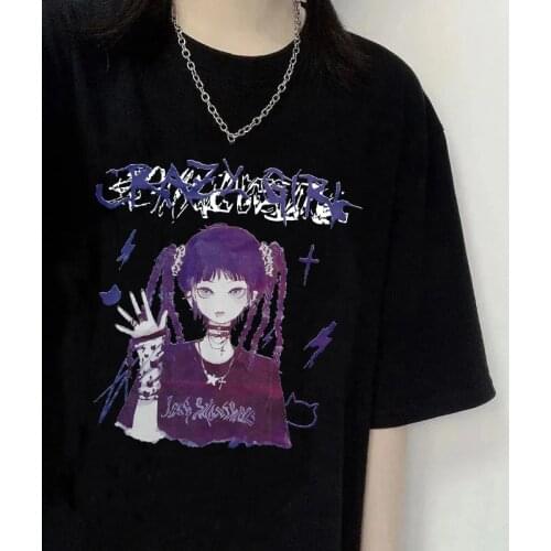 Goth Anime Tshirt Tee Aesthetic Women T-shirt Punk Grunge Streetwear Ladies Gothic Top Manga T Shirt Harajuku Clothes Y2k Female