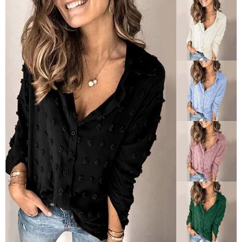 Women Long Sleeve Loose Deep V-neck Buttons T-Shirt Casual Blouse Top Solid Color All-match Lovely Girls T-shirt