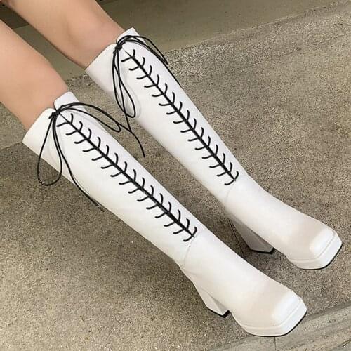 2021 New Women Shoes Autumn Fashion Square Toe Lace-up Lady Boots Zip Square High Heels Knee High Women Boots Winter Warm Shoes