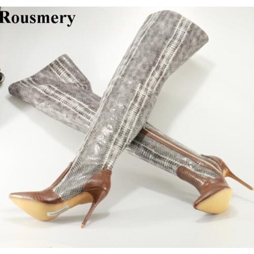 Women Winter Fashion Pointed Toe Snake Leather Over Knee High Heel Boots Sexy Patchwork Color Long Boots Real Pictures