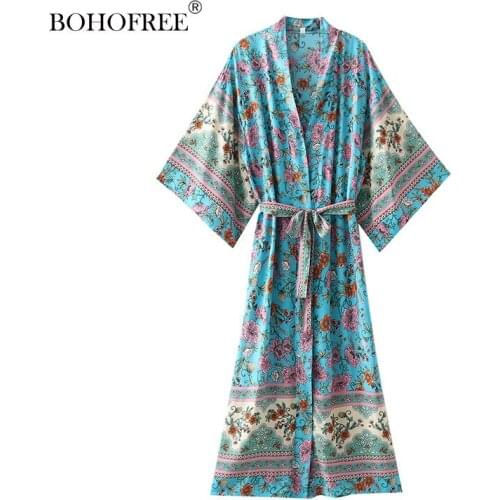 Rayon Cotton Bohemian Robes Batwing Sleeve Loose Boho Style Casual Summer New Bohemian Floral Print Long Duster Maxi Dress Women