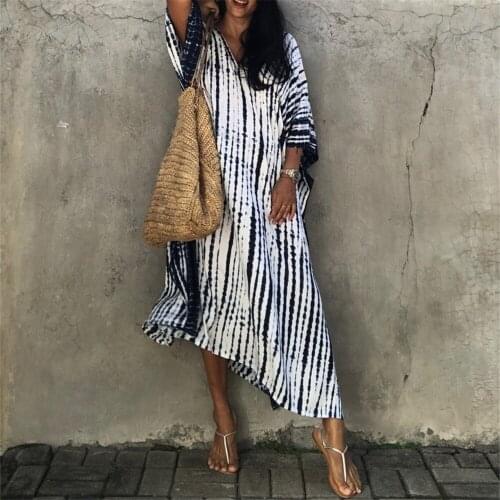 2021 Blue Striped Long Dress Beach shirt Retro Snake Print Vacation Robe Bikini Swimsuit Outer Blouse Sunscreen Cover-Ups Women