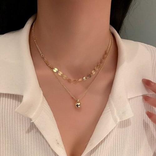 VSnow Design Double Layer Round Ball Pendant Necklace for Women Girls Metal Flake Gold Color Summer Necklace Jewelry Accessories