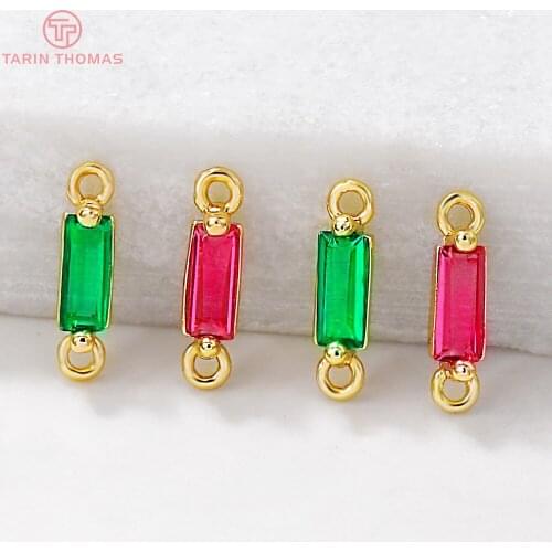 6PCS 9x2MM Hole 1MM 24K Gold Color Brass with Zircon Rectangle Connector Charm Pendants High Quality Diy Jewelry Accessories