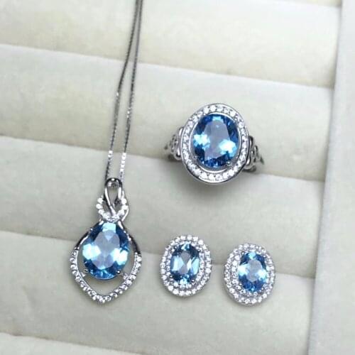 Atmospheric classic, natural blue topaz jewelry set, ring stud earrings, 925 sterling silver, ladies party wear