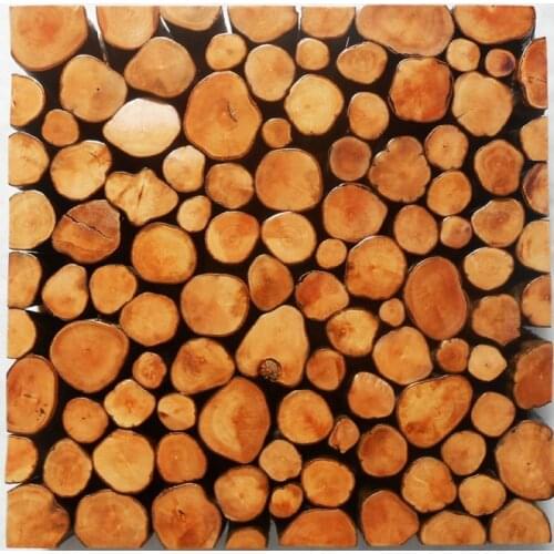 Big and small round raw log wood mosaic rustic wood backsplash tile ancient wood mosaic panels mesh backing wall and floor