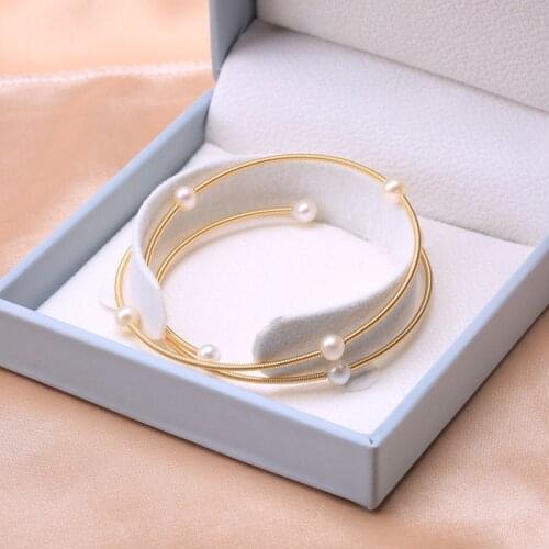 BaroqueOnly 14k gold-filled hand made white freshwater Pearl Wire Strings adjustable Bracelet Vintage Style Bangle delicate HAB