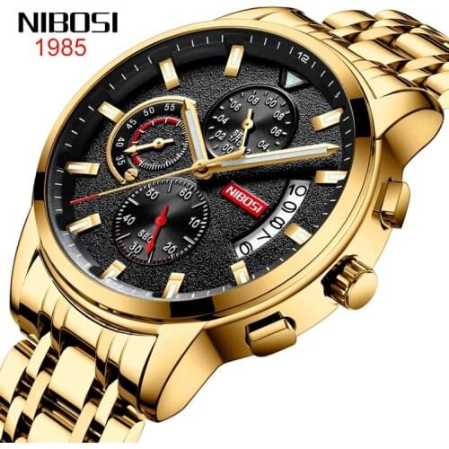 NIBOSI Brand Quartz Watch Men Chronograph Sport Watches Men Gold Steel Band Military Clock Waterproof Mens Wristwatch Relogio