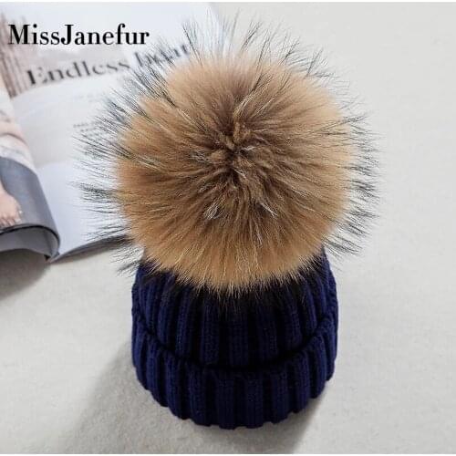 Mom Baby Fur Pompom Hats Warm Winter Crochet Knit Wool Solid Color Beanie Caps For Women Boys Girls Matching Hats