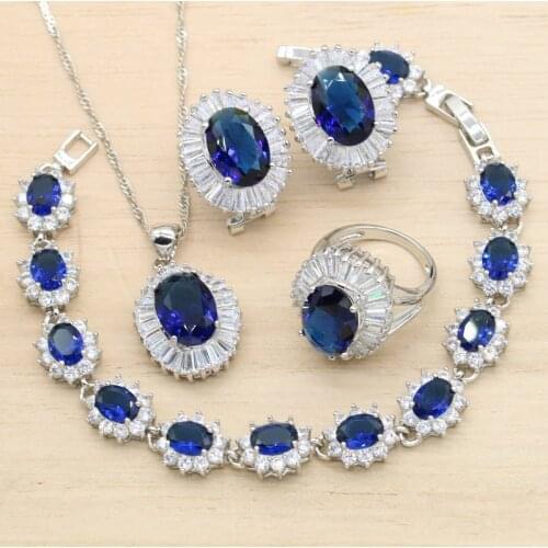 Dubai Royal Blue Cubic Zircon Silver Color Jewelry Sets For Women Wedding Earrings Pendant Necklace Bracelet Ring Gift 4PCS