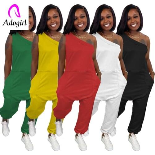 Fitness Women Rompers Solid One Shoulder Jumpsuit with Pocket Active Baggy One Piece Outfits 2021 Summer Autumn Workout Overalls