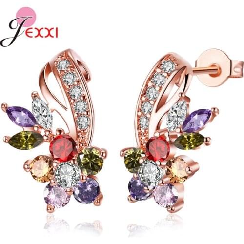 Luxury 925 Sterling Silver Rose Gold Color Flower Stud Earrings For Women Colorful Zircon Crystal Wedding Jewelry Earrings