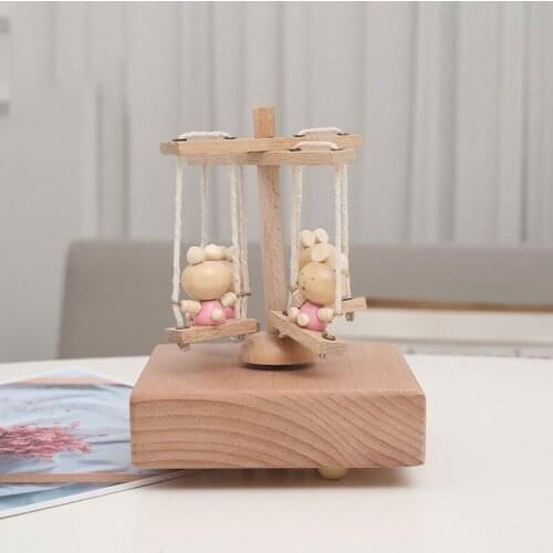 Kawaii Bear Carousel Wooden Music Box Kid Hand Operated Spin Christmas desktop decoration For Home birthday gift