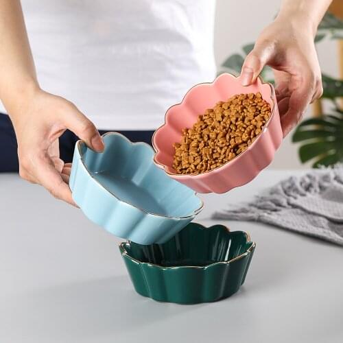 Ceramic Cat Dog Bowl Dish with Wood Stand No Spill Pet Food Water Feeder Cats Small Dogs