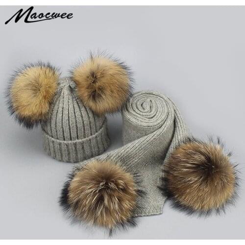 2pcs Hat and Scarf Set For Women Real Raccoon Fur Pompom Beanies Hats Winter Wool Knitted Soft Warm Pompon Hat Skullies Bones