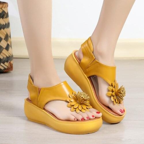Summer Genuine Leather Sandals 2021 Flower Wedges Heel Platform Sandals Red Sandals Women
