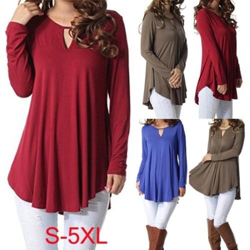 2020 Fashion Casual Irregular Womens Tops Solid Color Loose Large Size Sexy Round Neck Simple Temperament Long-sleeved T-shirt