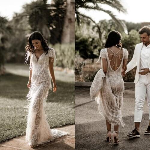 Fashion Tassel Wedding Dresses V Neck Lace Applique Short Sleeve Mermaid Wedding Gowns Customized Modest Champagne Bridal Dress