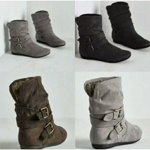 New Womens Flat Faux Suede Slouch Low Heel Wedge Ankle Boots Ladies Shoes Cotton Shoes European American Frosted Boots